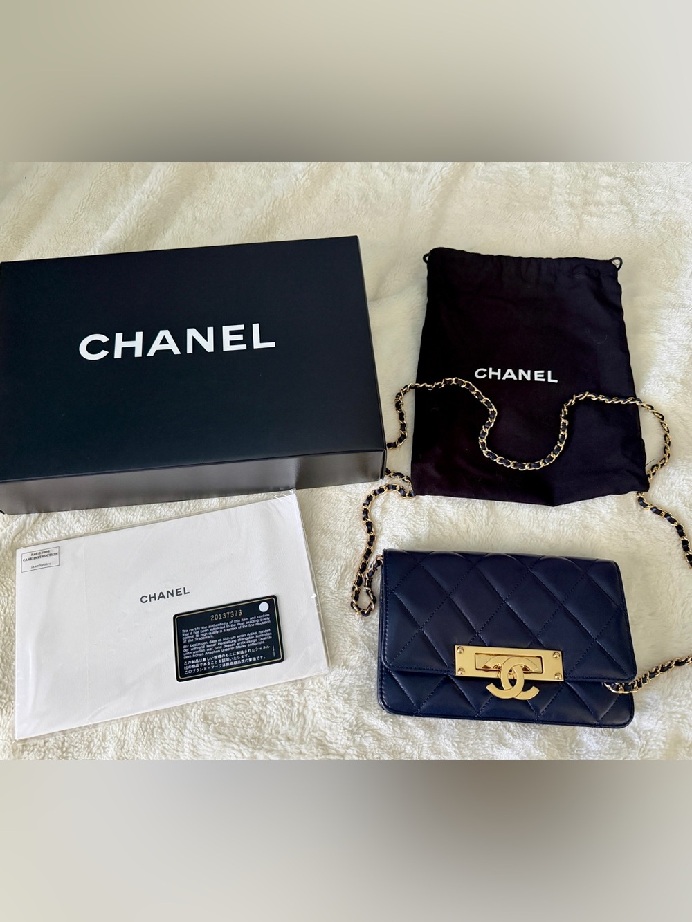 CHANEL Navy Quilted Wallet on Chain with Gold Chain & CC Lock